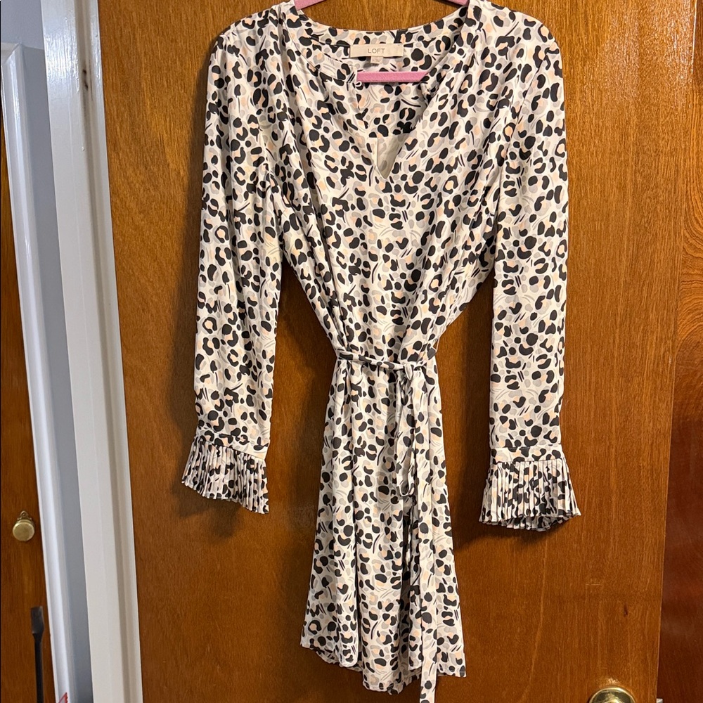 LOFT Cream Leopard Print Wrap Dress with Pleated Cuffs